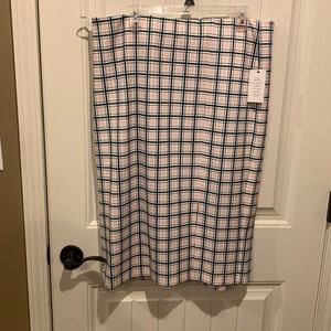 Eloquii pale pink, green, white, and black plaid stretch skirt with slit size 16